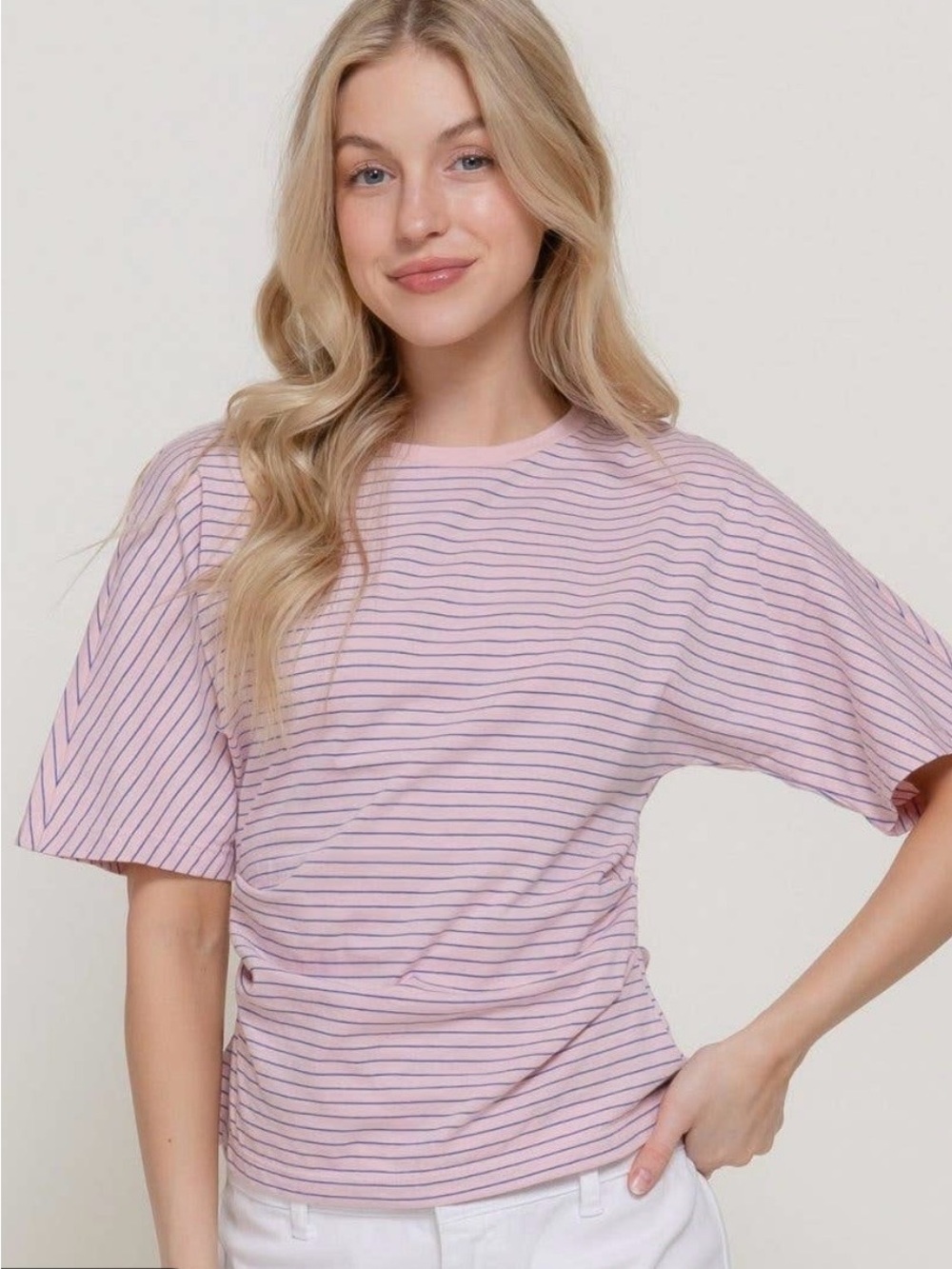 NWOT Women’s Active USA Pink/Blue Striped Short-Sleeve Tee, size Large